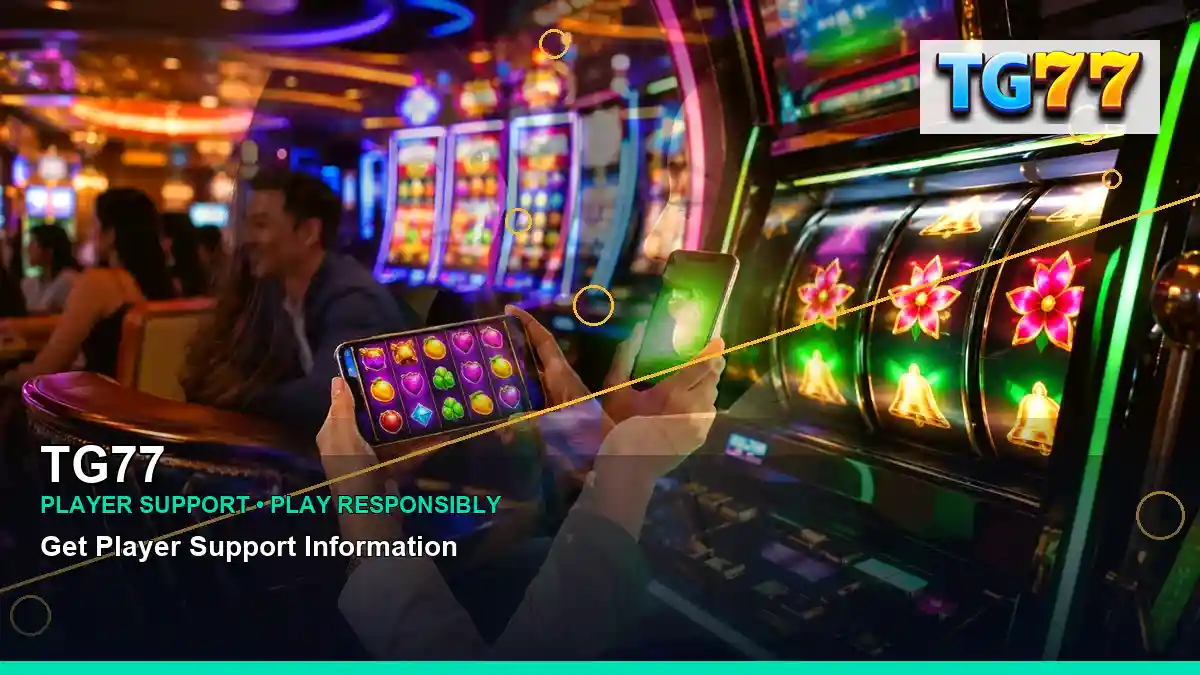 TG77 gold jackpot slot games featuring an adult Filipina casino host with a layered collage composition