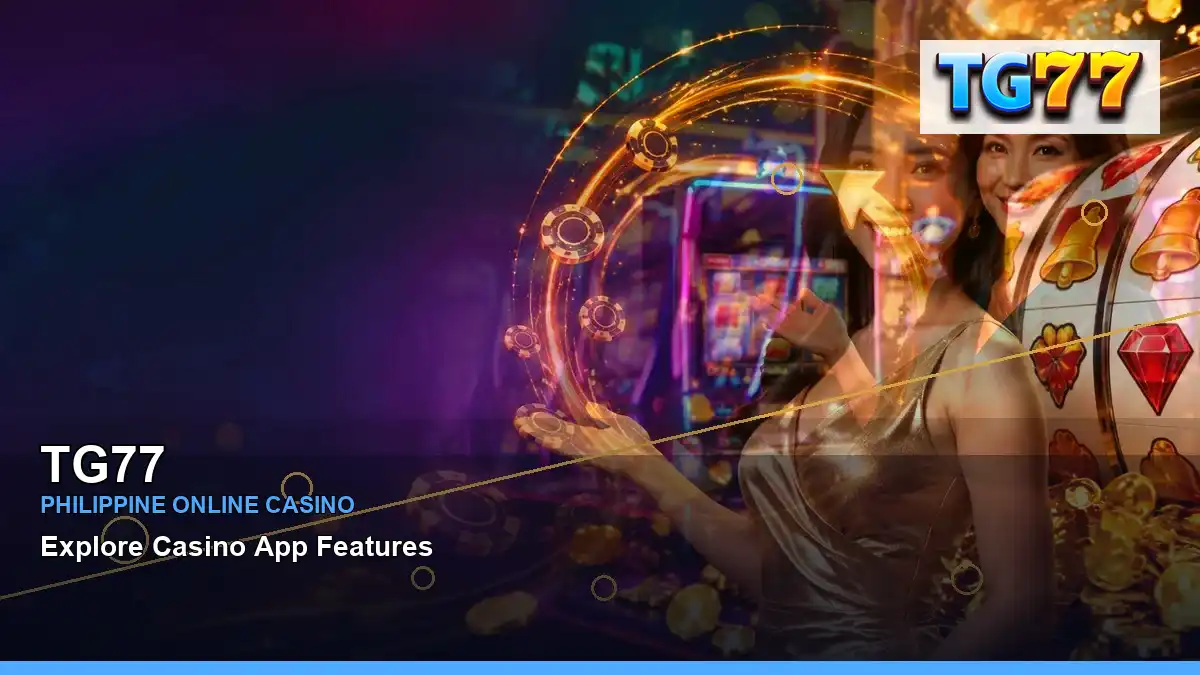 TG77 lounge VIP casino rewards featuring an adult Filipina casino host with a wide-action composition — view 2