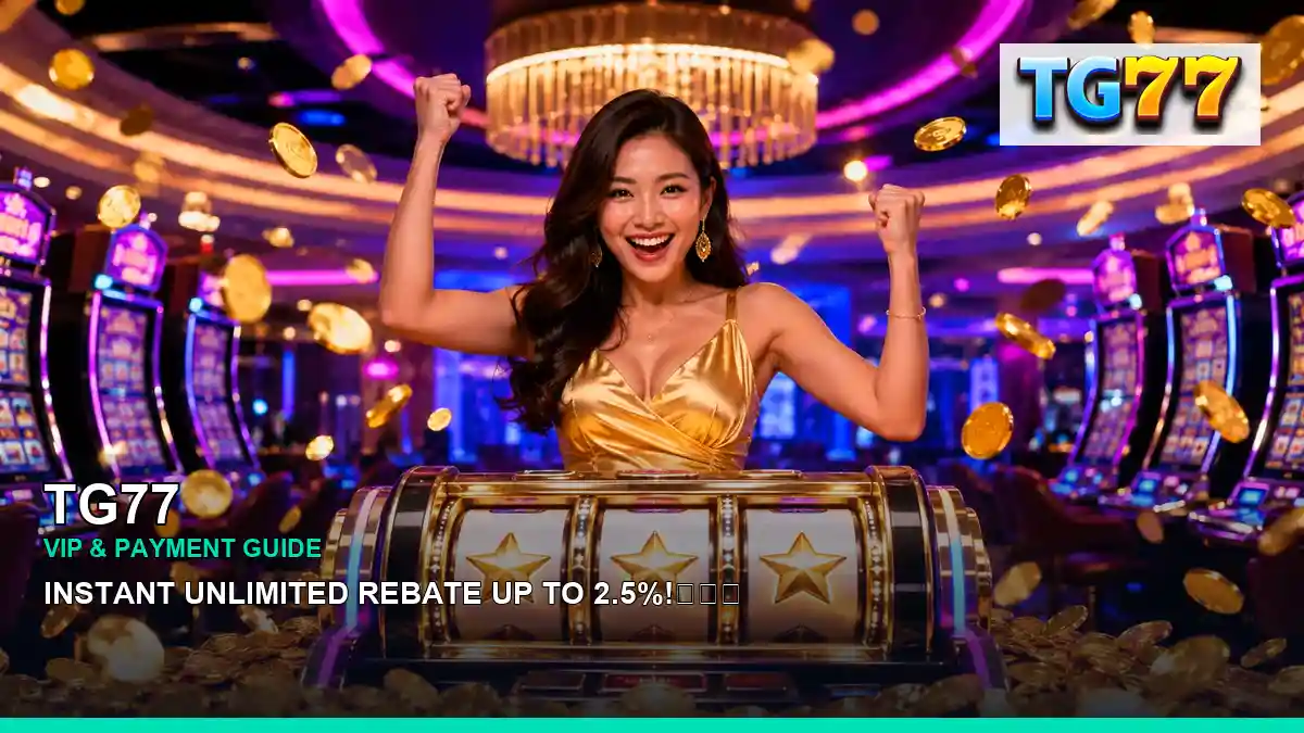TG77 jackpot slot games featuring an adult Filipina casino host with a celebratory composition